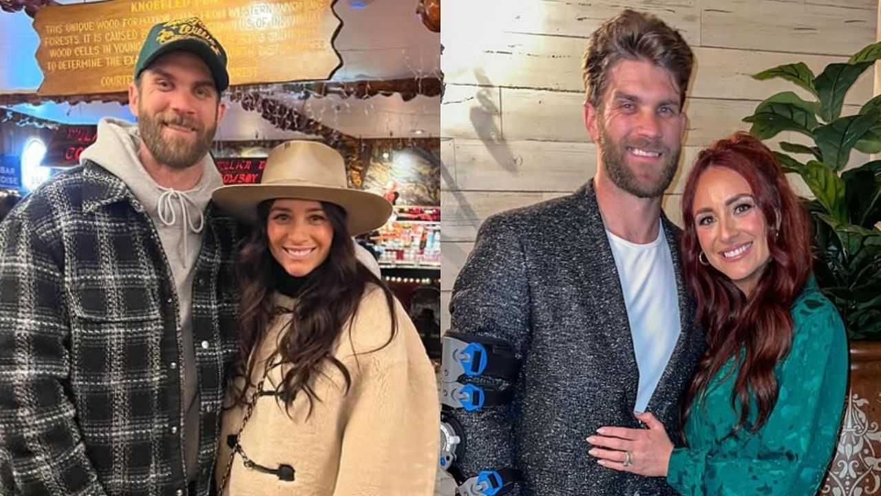 Bryce Harper & wife Kayla nail couple style game in a sleek jacket & black long coat on night out with friends-Picture1